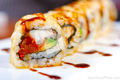 Image of fresh sushi choice combination assortment selection