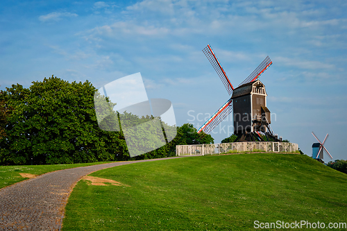 Image of Sint-Janshuismolen Sint-Janshuis Mill windmill in Bruges on sunset, Belgium