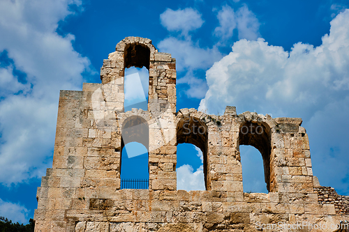 Image of Ruins of Odeon of Herodes Atticus Roman theater. Athens, Greece