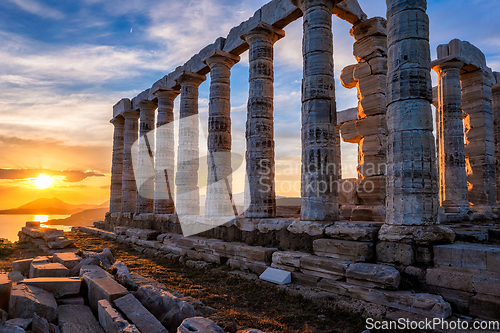 Image of Poseidon temple ruins on Cape Sounio on sunset, Greece