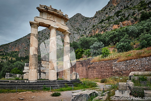 Image of Athena Pronoia temple ruins in ancient Delphi, Greece