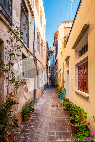 Image of Scenic picturesque streets of Chania venetian town. Chania, Creete, Greece