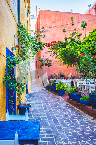 Image of Scenic picturesque streets of Chania venetian town. Chania, Creete, Greece