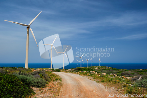 Image of Wind generator turbines. Crete island, Greece