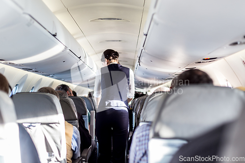 Image of Interior of airplane with passengers on seats and stewardess in uniform walking the aisle, serving people. Commercial economy flight service concept.