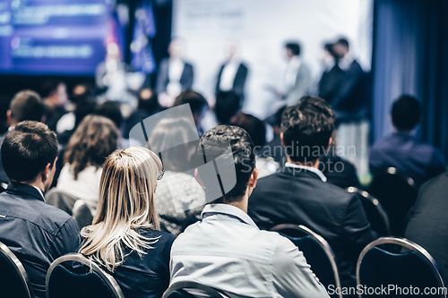 Image of Round table discussion at business conference meeting event.. Audience at the conference hall. Business and entrepreneurship symposium.