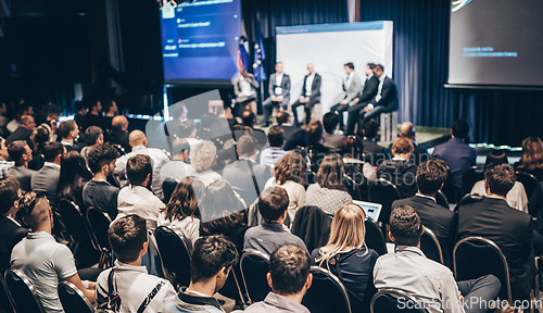 Image of Round table discussion at business conference meeting event.. Audience at the conference hall. Business and entrepreneurship symposium.