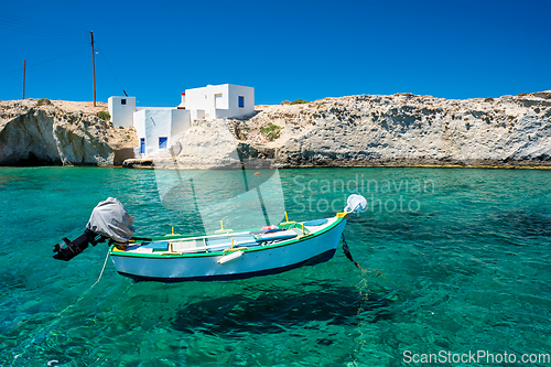 Image of Crystal clear blue water at Mitakas village beach, Milos island, Greece.