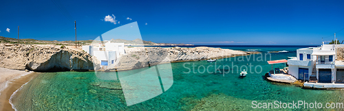 Image of Crystal clear blue water at MItakas village beach, Milos island, Greece.