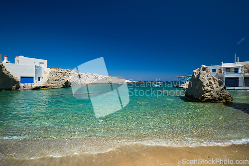 Image of Crystal clear blue water at MItakas village beach, Milos island, Greece.