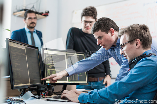 Image of Startup business problem solving. Software developers working on desktop computer.