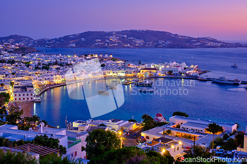 Image of Mykonos island port with boats, Cyclades islands, Greece