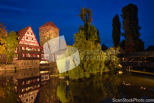 Image of Nuremberg city houses on riverside of Pegnitz river. Nuremberg, Franconia, Bavaria, Germany