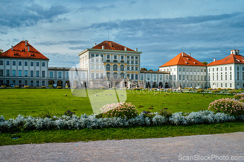 Image of Nymphenburg palace with garden lawn in front in Munich.