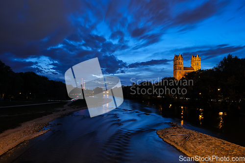 Image of Isar river, park and St Maximilian church from Reichenbach Bridge. Munchen, Bavaria, Germany.