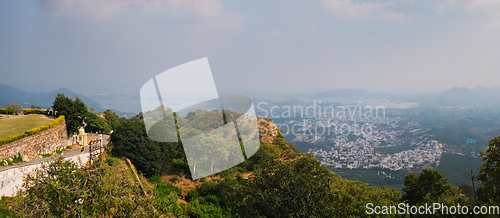 Image of View of Udaipur and Lake Pichola from Monsoon Palace. Udaipur, Rajasthan, India