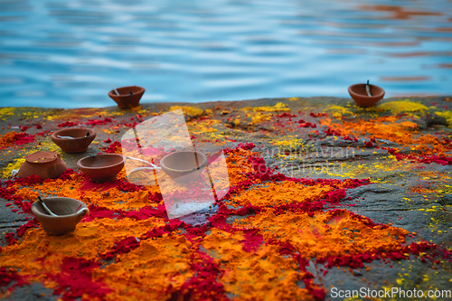 Image of Oil Lamp Pooja Diya Lamp on ghats in Jodhpur, Rajasthan, India