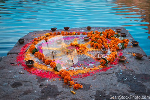 Image of Oil Lamp Pooja Diya Lamp on ghats in Jodhpur, Rajasthan, India