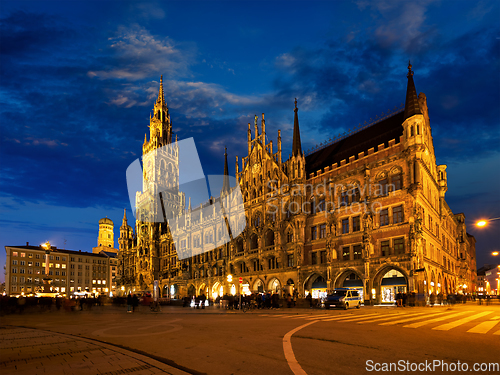 Image of Marienplatz square at night with New Town Hall Neues Rathaus Munich, Germany