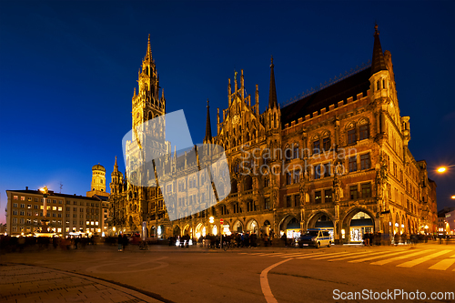 Image of Marienplatz square at night with New Town Hall Neues Rathaus