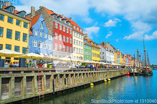 Image of Nyhavn embankment in sunshine, Copenhagen