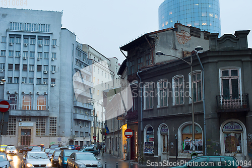 Image of Bucharest street in rain. Romania