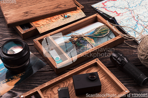 Image of Wooden photo box with photo from travel