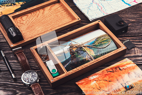 Image of Wooden photo box with photo from travel