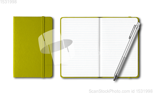 Image of Olive green closed and open notebooks with a pen isolated on whi