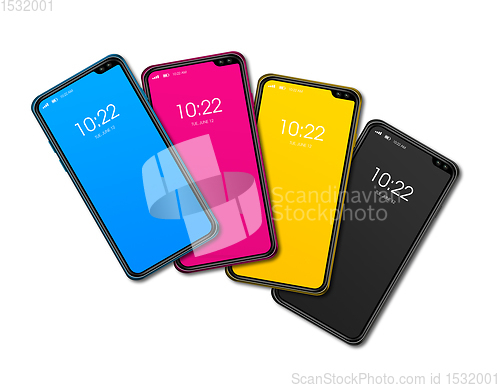 Image of CMYK smartphone set isolated on white Background. 3D render