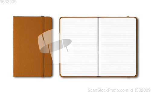 Image of Leather closed and open lined notebooks isolated on white