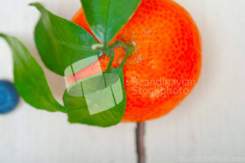 Image of tangerine and blueberry on white table