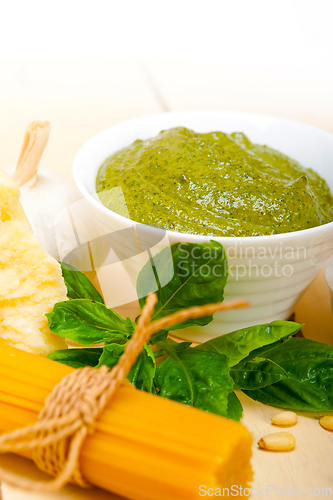 Image of Italian traditional basil pesto pasta ingredients