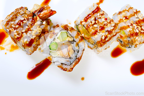 Image of fresh sushi choice combination assortment selection