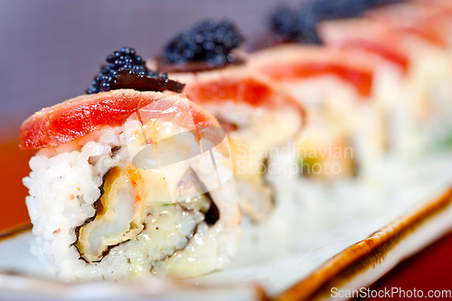 Image of fresh sushi choice combination assortment selection