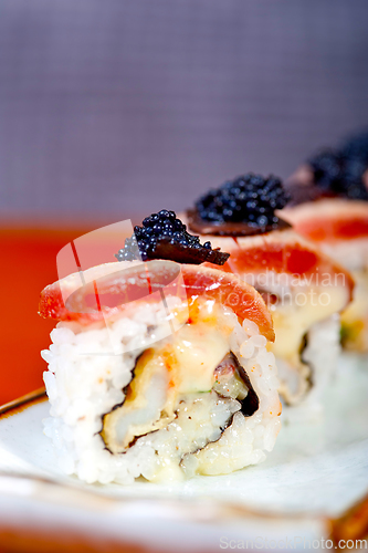 Image of fresh sushi choice combination assortment selection