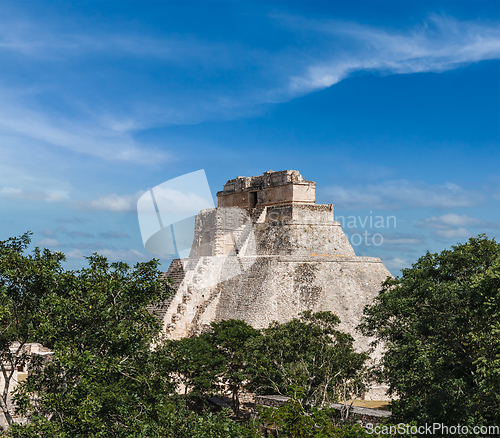 Image of Mayan pyramid (Pyramid of the Magician, Adivino) in Uxmal, Mexic