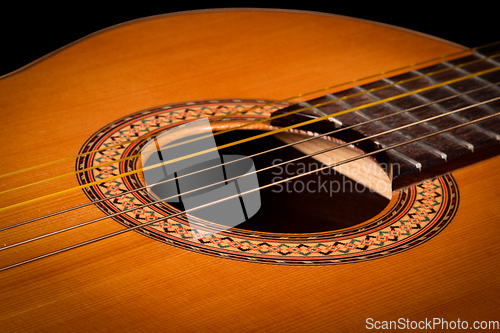 Image of Classical guitar close up on dark