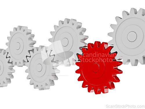 Image of Gear cogwheels in row working together on white