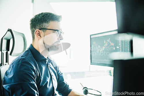 Image of Stock broker trading online watching charts and data analyses on multiple computer screens.