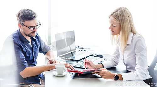 Image of Business meeting. Client consulting. Confident business woman, real estate agent, financial advisor explaining details of project or financial product to client in office.