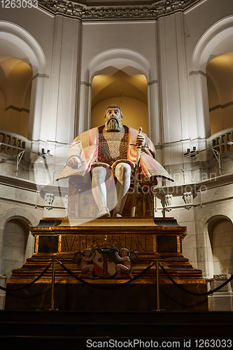 Image of Stockholm, Sweden - November 6, 2018 : The enormous oak statue of King Gustav Vasa in Nordic museum in Stockholm, Sweden