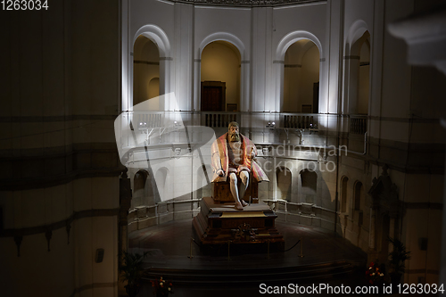 Image of Stockholm, Sweden - November 6, 2018 : The enormous oak statue of King Gustav Vasa in Nordic museum in Stockholm, Sweden