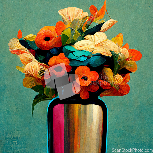 Image of Vase with spring multicolor flowers bouquet.