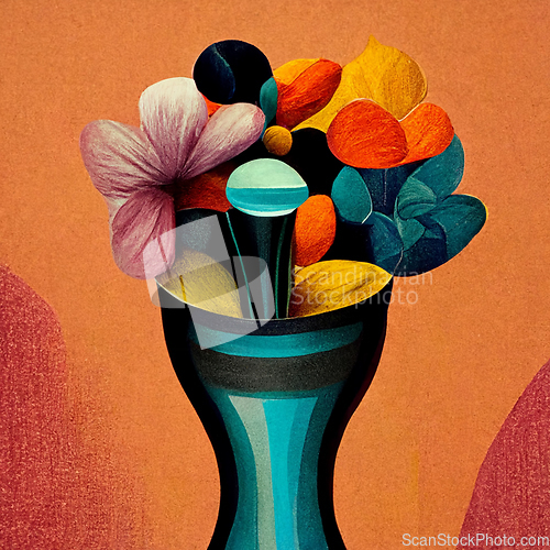 Image of Vase with spring multicolor flowers bouquet.