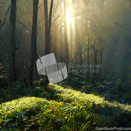 Image of Beautiful sunny morning in magic forest.