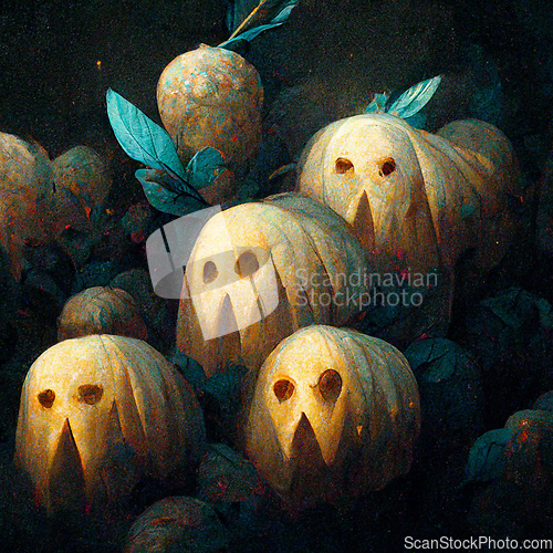 Image of Pumpkins In Graveyard In The Spooky Night - Halloween Backdrop.