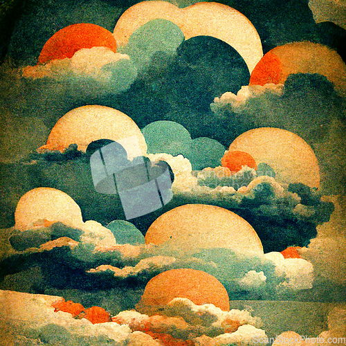 Image of Cloudscape, blue sky with clouds and suns, retro art style.