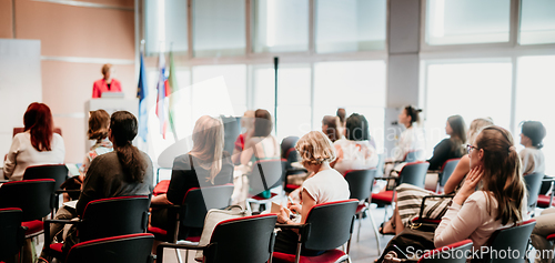 Image of Woman giving presentation on business conference event.