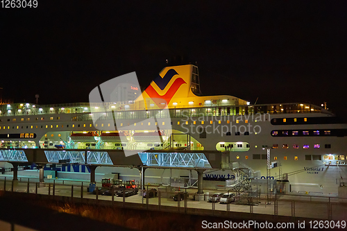 Image of Stockholm, Sweden - November 3, 2018: The Tallink ship Viktoria I in Vartahamnen port in Stockholm, the capital of Sweden. Waiting for departure to Tallin.